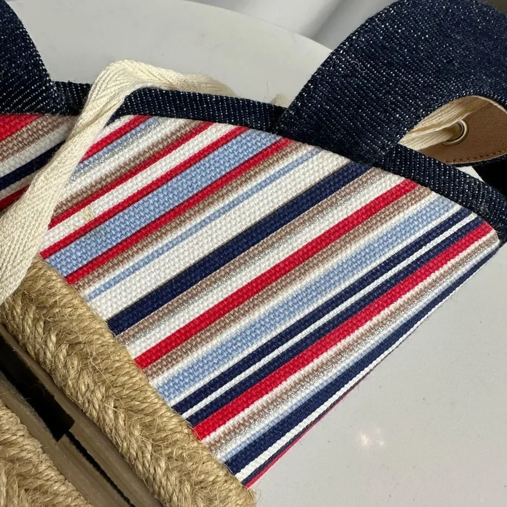 Charming Charlie Denim Espadrille Red/Blue/white Striped Wedge Sandals Size 9